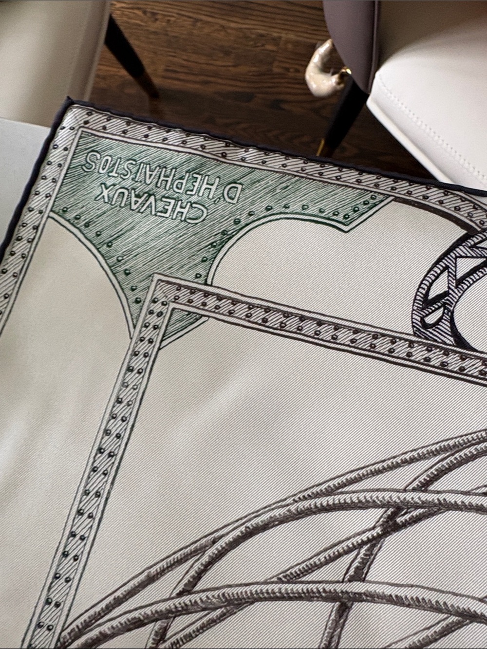 Hermes Ivory, Green & Brown Silk Scarf - Architectural Motif - Picture 4 of 11